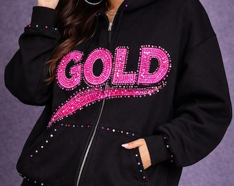Hoodie met gouden strassteentjes, roze bling hoodie met rits, cadeau voor haar