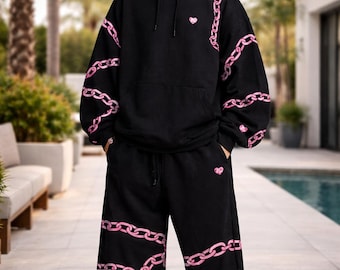 Zwartroze trainingspak met ketting, oversized joggingbroek met capuchon, Y2K streetwear-outfit, CADEAU VOOR HEM