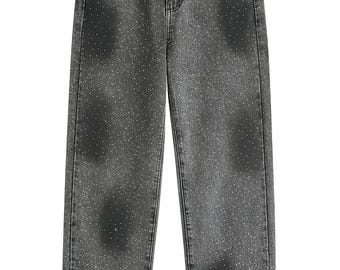 Grijze jeans met strassteentjes voor dames – sprankelende rechte denim | Glam-jeans met kristallen bezaaid
