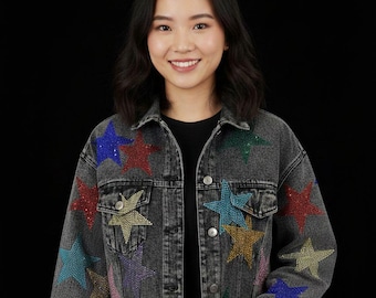 Star-denimjack – cropped kristaljeans, streetwear-mode