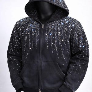 Black Rhinestone Zip Hoodie • Sparkly Zip-up • Crystal Studded