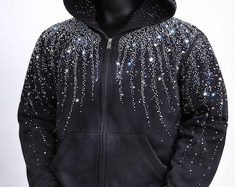 Hoodie met rits en strassteentjes | Hoodie met glitterkristallen