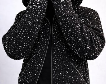 Zwarte glitterhoodie met rits, luxe kristal, bling hoodiejack