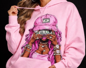 Roze grafische hoodie dames, Money Girl trendy oversized hoodie, cadeau voor haar