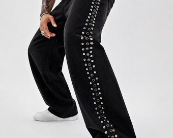 Zwarte wijde pijpen jeans met studs, punk denim streetwear broek