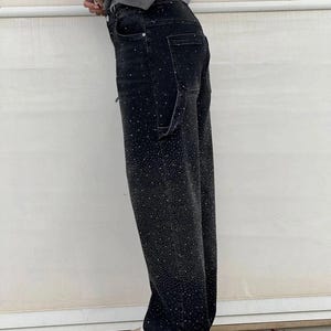 Schwarze Frauen Strass Jeans mit weitem Bein | Glitzernde Partyhose