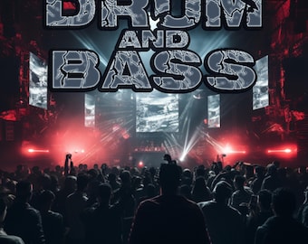 May include: A dark, atmospheric image of a crowd at a concert or music festival. The words "DRUM AND BASS" are prominently displayed in a textured, gray font at the top. Red and blue stage lights illuminate the scene.
