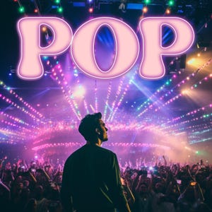 May include: A concert scene with a crowd and a performer looking up at the word "POP" in pink neon. The stage is illuminated with purple and pink lights, and the audience is holding up phones.