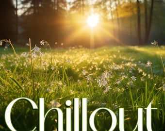 May include: A vibrant landscape featuring a sunlit meadow with wildflowers and tall trees. The word "Chillout" is displayed in a green, stylized font across the bottom of the image. The scene is bathed in warm sunlight.