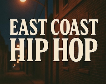 May include: Image with the text "EAST COAST HIP HOP" in a bold, serif font. The background shows a dimly lit alleyway with a brick wall on the right and a street lamp overhead.