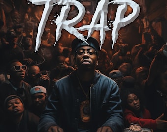 May include: Image features a man wearing glasses and a cap, seated at a soundboard. The word "TRAP" is prominently displayed in white, dripping font above him. A crowd of people is in the background, creating a concert or event atmosphere.