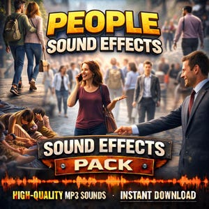 May include: A digital graphic advertising a sound effects pack. The image displays the text "PEOPLE SOUND EFFECTS" in a yellow and white font. Below, the text "SOUND EFFECTS PACK" is shown on a wooden sign. The bottom of the image reads "HIGH-QUALITY MP3 SOUNDS - INSTANT DOWNLOAD."