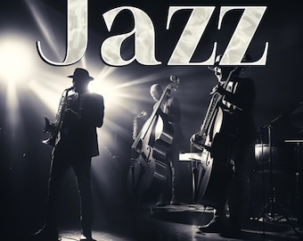 May include: A monochrome image of a jazz band performing live. The word "Jazz" is prominently displayed. The band features a saxophone player, a double bass player, and another musician playing a stringed instrument, all under stage lighting.