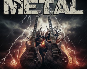 May include: Digital artwork depicting two electric guitars with skulls, set against a stormy sky with lightning. The word "METAL" is displayed in a cracked, textured font at the top, evoking a heavy metal theme.