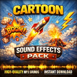 May include: A vibrant graphic for a sound effects pack. The image features a rocket blasting off, a volcano erupting, and a "BOOM!" explosion. Text includes "CARTOON SOUND EFFECTS PACK" and "HIGH-QUALITY MP3 SOUNDS - INSTANT DOWNLOAD".