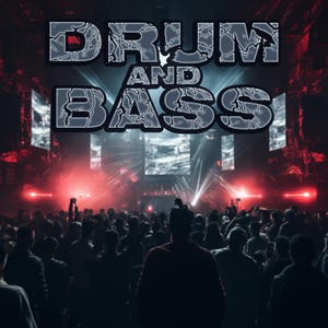 May include: A dark, atmospheric image of a crowd at a concert or music festival. The words "DRUM AND BASS" are prominently displayed in a textured, gray font at the top. Red and blue stage lights illuminate the scene.