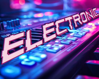 May include: Image of a synthesizer with the word "ELECTRONIC" in a pixelated font. The image has a neon color scheme with blue, purple, and pink hues. The synthesizer has various knobs and buttons.