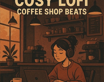 May include: Illustration of a person wearing headphones and using a laptop in a coffee shop. The image has the text "COSY LOFI COFFEE SHOP BEATS" at the top. The color palette is warm, with shades of brown and orange.