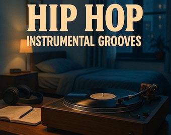 May include: A wooden record player with a black vinyl record playing. The text "HIP HOP INSTRUMENTAL GROOVES" is displayed in large, gold letters above the record player. A pair of headphones and a notebook with a pen are on the table.