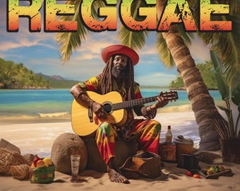 Può includere: Illustrazione di un uomo che suona la chitarra acustica su una spiaggia. Indossa un cappello rosso e abiti colorati. La parola "REGGAE" è visualizzata in grandi lettere colorate sopra di lui. Palme e una scena di spiaggia tropicale completano l'immagine.