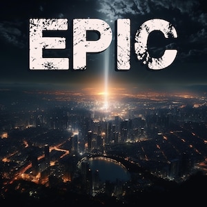May include: An aerial view of a city at night, illuminated by lights. The word "EPIC" is displayed in large, distressed white letters above the city. A bright beam of light shines down from the sky.
