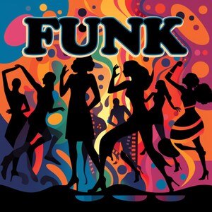 May include: A retro-style graphic featuring the word "FUNK" in bold, black letters with a blue outline. Silhouetted figures dance against a vibrant, swirling background of orange, red, purple, and blue.