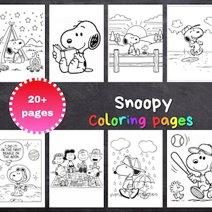 May include: A collection of black and white Snoopy coloring pages featuring over 20 sheets. The designs include Snoopy camping, reading, playing baseball, and walking in the rain. Text on the pages includes "20+ pages" and "Snoopy Coloring pages".