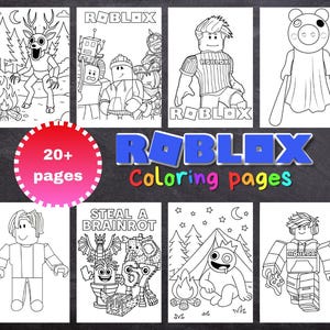 Puede incluir: Una colección de páginas para colorear de Roblox en blanco y negro. Las páginas presentan varios personajes y escenas de Roblox, con la palabra "ROBLOX" y "Páginas para colorear" en un lugar destacado. La imagen también incluye el texto "20+ páginas".