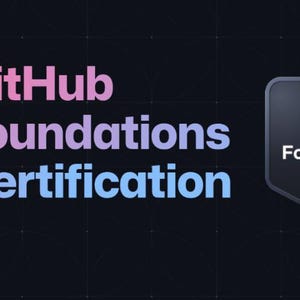 K&ouml;nnte beinhalten: Eine Grafik mit dunklem Hintergrund, die den Text GitHub Foundations Certification in einem Farbverlauf von Pink zu Blau zeigt. Rechts befindet sich ein dunkles, schildf&ouml;rmiges Abzeichen mit dem GitHub-Logo sowie dem Text GitHub Foundations und Certification Program.