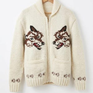 Handmade Wolf Knit Cardigan Vintage Cowichan Style Wool Sweater:Full Zip Shawl Collar Jacket, Rustic Outdoor Knitwear, Nature Lover Gift