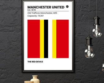 Póster del Manchester United - Estilo retro - Información del estadio - Colores del club - Apodo del club - Old Trafford