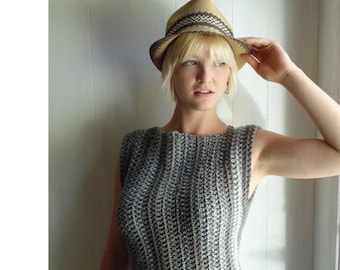 Crochet PATTERN - Herringbone Striped Boat Neck Top  (sizes xSmall (30") to Plus Size 3XL (52")