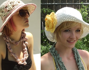 Crochet PATTERN - Two Bucket Sunhats with Rose and 2 Scarves