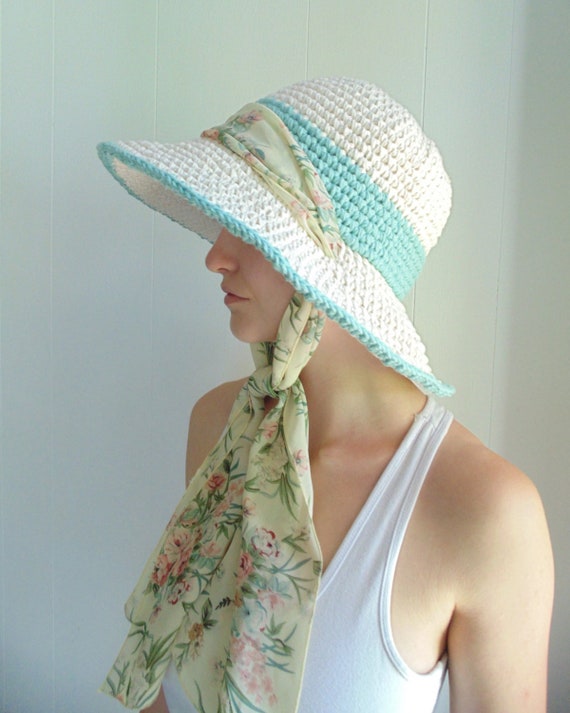 Wide Brim Straw Sun Hat with White Trim and Scarf Lands main image 4