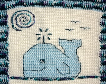 Whale Baby Blanket- CROCHET PATTERN ONLY--Crochet and Cross Stitch -  Blue  view