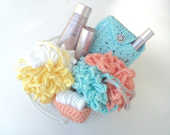 Shower Pouf, Washable-reusable Cosmetic Remover Pads, and Makeup Bag - gift basket idea  - CROCHET PATTERN ONLY--