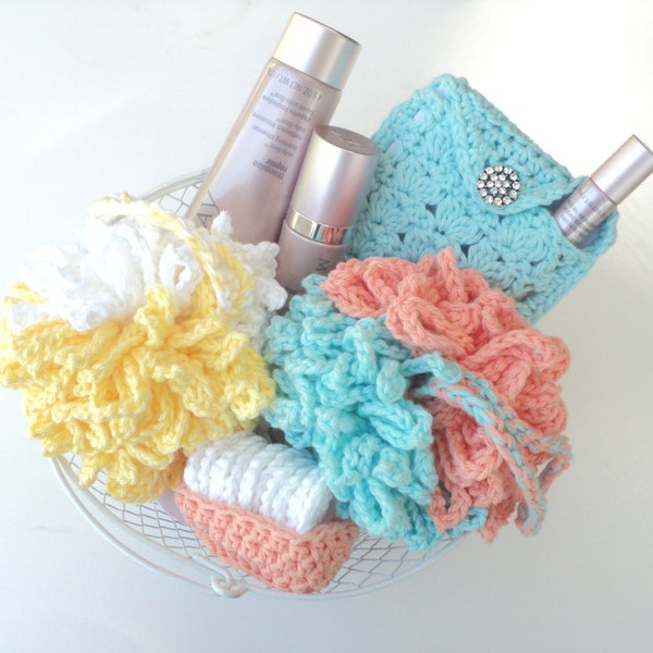 Shower Pouf, Washable-reusable Cosmetic Remover Pads, and Makeup Bag - gift basket idea  - CROCHET PATTERN ONLY--