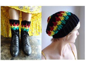 Special Offer - Crochet PATTERNs -  Marley Slouchy Hat and matching Boot Cuffs - Black, True Red, Sunshine yellow, Jade Green