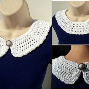 May include: White crocheted collar with a pearl button. The collar is shown on a blue shirt.