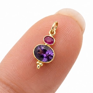 Amethyst Ruby Charm 18K Solid Gold Pendant, Purple Red Gemstone Dangle Charm for Necklaces