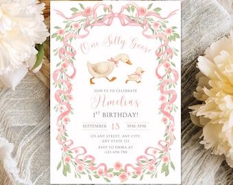 One Silly Goose First Birthday Invitation | Pink Goose Party Invite | Vintage Floral Bow Theme | Girl 1st Birthday | Digital Download | 5x7