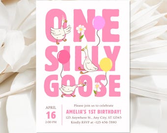 One Silly Goose First Birthday Invitation | Whimsical Girl First Birthday Evite | Digital Download | 5x7