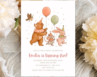 Woodland Birthday Invitation Template | Bear Bunny Animal Party Invite | Digital Download | 5x7