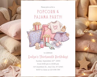Pajama Party Invitation Template | Popcorn Movie Night Party Invite | Slumber Party Printable | Girls Birthday Invite | 5x7