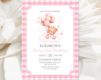 Teddy Bear First Birthday Invitation | Beary First Birthday Party Invite | Baby Girl Birthday Printable | Pink Gingham Invite | 5x7