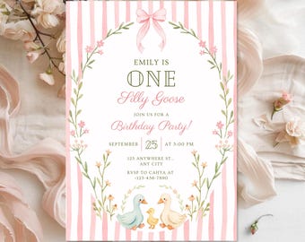 One Silly Goose First Birthday Invitation | Pink Stripe Goose Party Invite | Floral First Birthday | Digital Download | 5x7