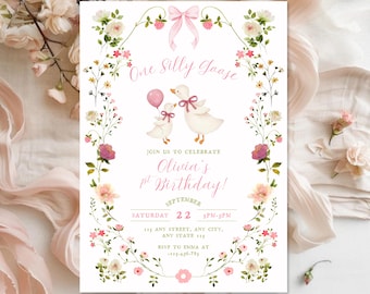 One Silly Goose First Birthday Invitation | Pink Goose Party Invite | Floral Girl First Birthday | Digital Download | 5x7