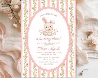 Bunny Birthday Invitation Template | Floral Pink Rabbit Party Invite | Coquette First Birthday Invitation | Instant Download | 5x7