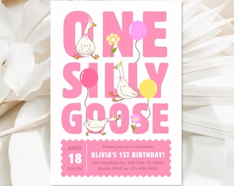 One Silly Goose First Birthday Invitation | Whimsical Girl First Birthday Evite | Digital Download | 5x7