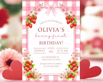 Berry First Birthday Invitation | Strawberry Bow Invite | Editable Pink Gingham Template | Digital Download (5x7)